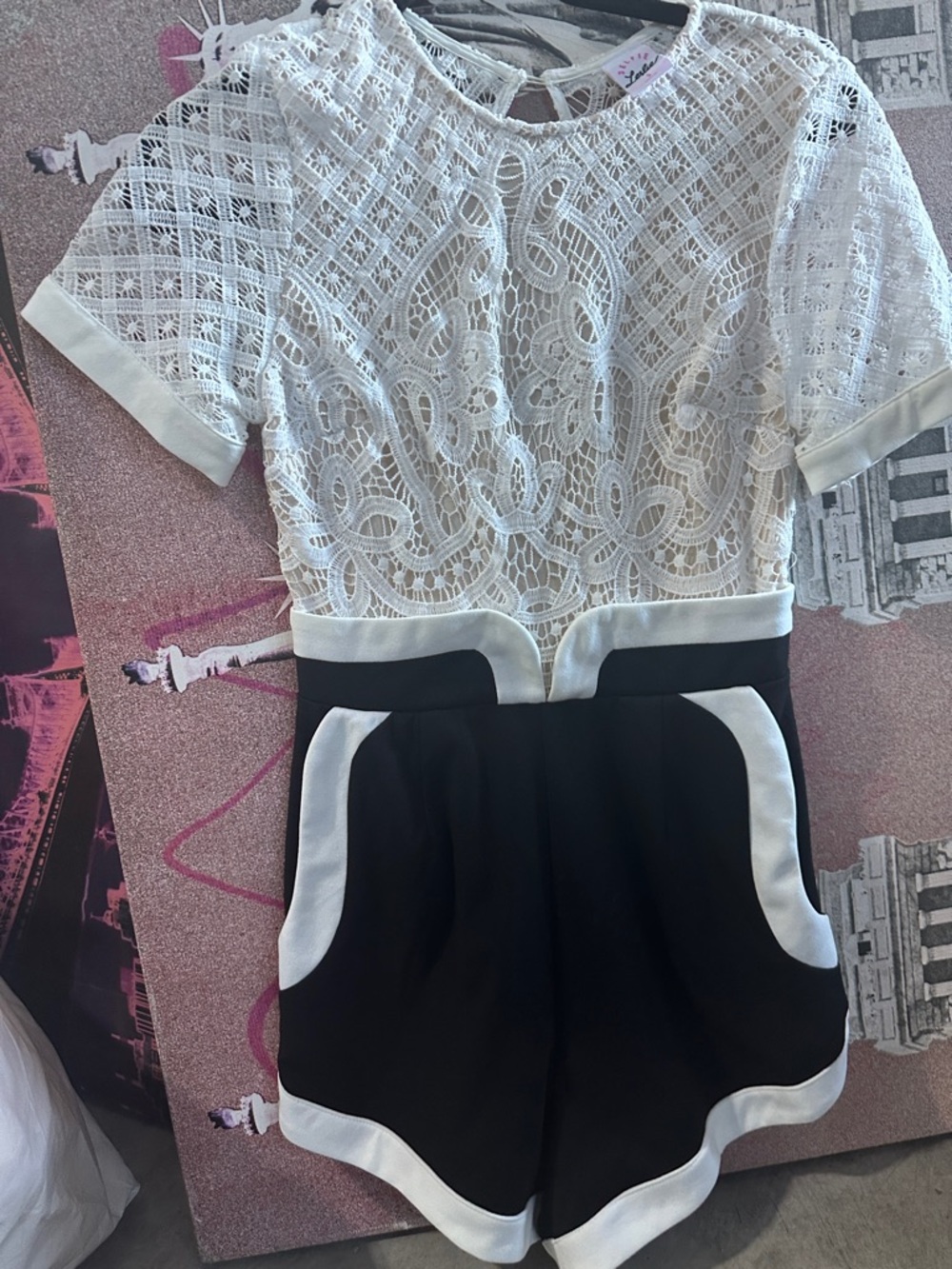 Selfie Leslie White Lace Top Black Shorts Romper